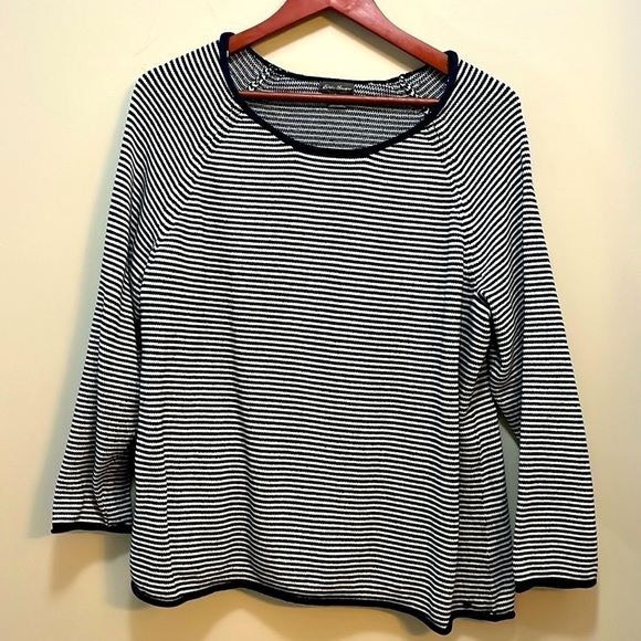 Navy & White Stripes Eddie Bauer Sweater Rolled Hem Scope Neck Pullover Layer - Picture 1 of 12